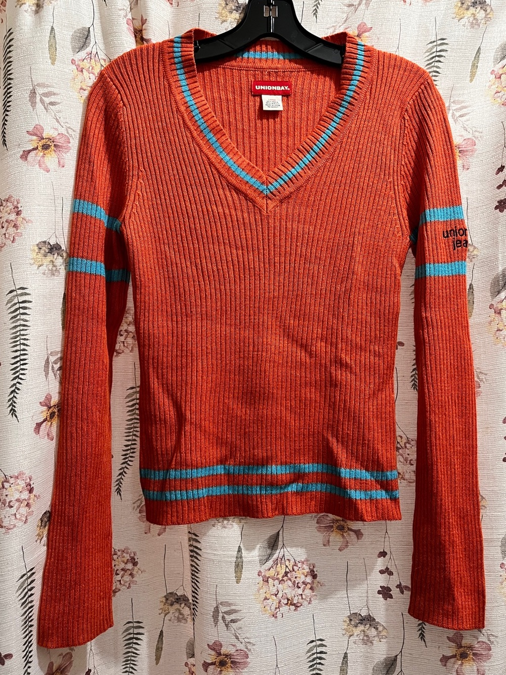 UNIONBAY Orange V-Neck Ribbed Sweater with Teal Stripe Accents